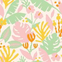 Botanical seamless pattern with pastel collage of jungle fruits and plants. Contemporary background in Scandinavian style. Hand drawn trendy texture for print, design, fabric. Vector illustration