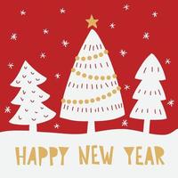 tarjeta de feliz año nuevo con árbol y letras. plantilla de navidad vectorial para el diseño. concepto de ilustración de invierno vector