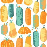 sSeamless pattern with textured pumpkin in pastel colors. Hand drawn colorful vector illustration. Craft stamp style. Halloween or harvest background.