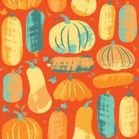 Seamless pattern with textured pumpkin in pastel colors. Hand drawn colorful vector illustration. Craft stamp style, brush and chalk. Halloween or harvest background for decoration