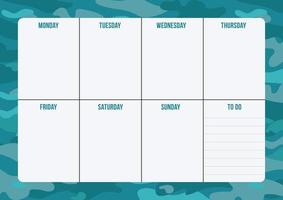 Weekly planner page with place for notes. Vector template with military background. Blank for print, office, school