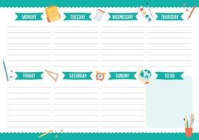 Cute weekly planner with hand drawn school elements. Template with place for notes. Vector illustration for print, office, school