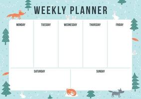 Winter monthly planner with cartoon elements. Template with place for notes. Vector illustration for print, office, school