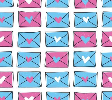 simSeamless doodle pattern with love message, letters and hearts. Sketch hand drawn vector illustration in minimalistic style