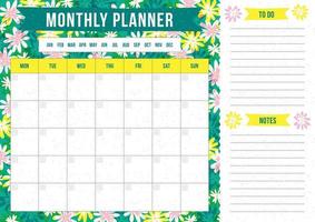 Spring monthly planner with flower on green background. Modern template with place for notes. Vector illustration for print, office, school