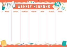 Cute weekly planner with hand drawn school elements. Template with place for notes. Vector illustration for print, office, schoo