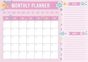 Cute monthly planner with drawn flower. Modern template with place for notes. Vector illustration for print, office, school