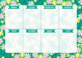 Spring weekly planner with flower on green background. Modern template with place for notes. Vector illustration for print, office, school