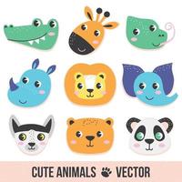 Cartoon cute face of animals in scandinavian style, stamp texture. Vector illustration for design and print