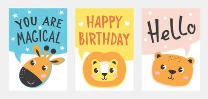 Set of cute card and banner with animals in scandinavian style, stamp texture. Vector illustration with hand draw lettering for design and print