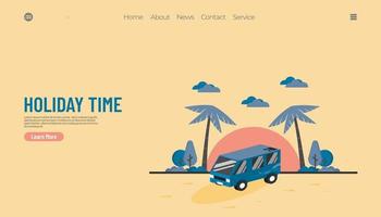 Illustration vector graphic of summer holiday concept, van car with beach background. good for web landing page