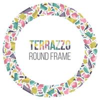 Hand drawn round and vignette frame in terrazzo style, colorful border with space for text. Abstract stones ornament, decorative design element. Vector illustration