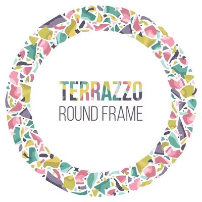 Hand drawn round and vignette frame in terrazzo style, colorful border with space for text. Abstract stones ornament, decorative design element. Vector illustration