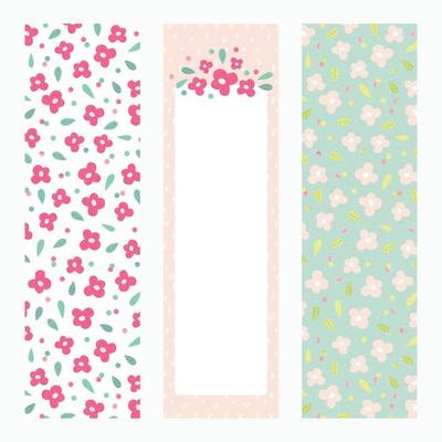 Printable bookmarks or banners with little flowers on pastel background. Floral template with place for notes for print, office, school. Vector illustration