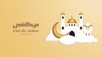 Eid al adha greeting with mosque, calligraphy, sheep, and clouds vector