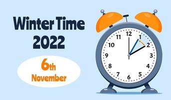 Banner of Daylight Saving Time Ends November 6, 2022. Alarm Clock Set To Clock Back One Hour. WinterTime, Fall Back. vector