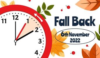 Banner of Daylight Saving Time Ends November 6, 2022. Alarm Clock Set To Clock Back One Hour on Background Autumn Foliage. WinterTime, Fall Back. vector