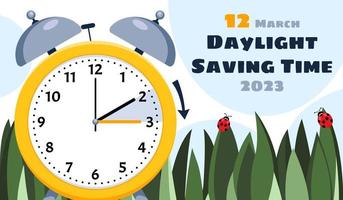 Daylight Saving Time March 12, 2023 Concept. Clock set to an hour ahead. Spring Forward, Summer Time. Web Banner of dial on green grass background with call to switch to dst. vector