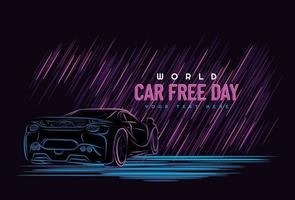 Car free day concept. Sepember 22. car line art with neon color style. Vector illustration on a dark background.