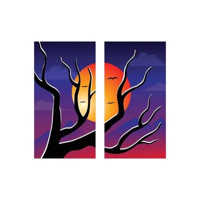 Twilight vector with silhouette of tree branches and sunset for interior decoration