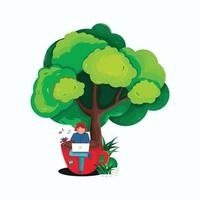 Illustration design vector of a man working casually under a big tree