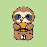 Cute Sloth With Burger Cartoon Vector Icon Illustration. Animal Food Icon Concept Isolated Premium Vector.