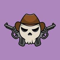 Cowboy Skull With Gun Cartoon Vector Icon Illustration. Halloween Object Icon Concept Isolated Premium Vector.