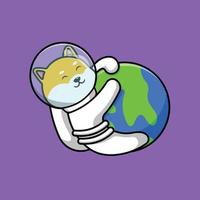 Cute Shiba Inu Astronaut On Earth Cartoon Vector Icon Illustration. Animal Science Icon Concept Isolated Premium Vector.