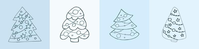 A set of hand-drawn christmas trees. Vector illustration in doodle style. Winter mood. Hello 2023. Merry Christmas and Happy New Year. Gray elements on a blue background.