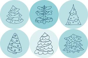 A set of hand-drawn christmas trees. Vector illustration in doodle style. Winter mood. Hello 2023. Merry Christmas and Happy New Year. Blue elements on a blue background.