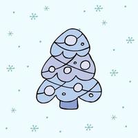 A hand-drawn christmas tree. Colored vector illustration in doodle style. Winter mood. Hello 2023. Merry Christmas and Happy New Year. Blue tree with toys on a background with a snowflakes.