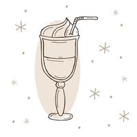 Glass of cappuccino or latte with a snowflakes on a white and brown background. Vector illustration in doodle style. Winter mood. Hello 2023. Merry Christmas and Happy New Year.