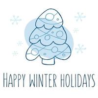 un árbol de navidad dibujado a mano. ilustración vectorial en estilo garabato. estado de ánimo de invierno. hola 2023. feliz navidad y próspero año nuevo. elemento azul con copos de nieve sobre un fondo blanco. vector