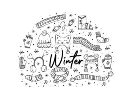 A set of hand-drawn winter clothing. Vector illustration in doodle style. Winter mood. Hello 2023. Merry Christmas and Happy New Year. Black elements in the shape of a circle on a white background.