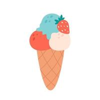 Ice cream scoops in waffle cone with different flavors, toppings and strawberry. Summertime, hello summer. vector