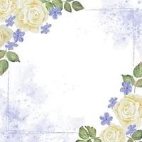 watercolor white rose and plumbago flower bouquet wreath frame on indigo blue splash background