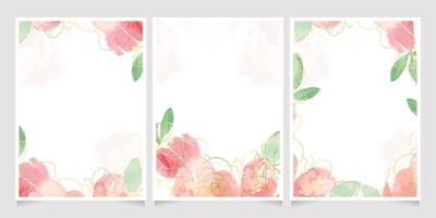 pink loose watercolor gold line art rose flower bouquet frame 5x7 invitation card wash splash background template collection vector