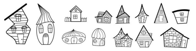 A set of black and white houses in the style of a doodle on a white background. vector