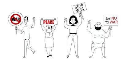 multitud de personas protestando con carteles no a la guerra. ilustración vectorial vector