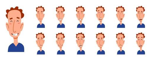 A set of different emotions of a curly thin man. vector