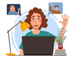 Illustration of a virtual meeting with different people who say hello. The concept of an online meeting with young men and women. vector