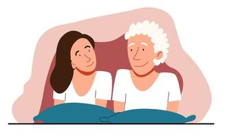 A couple of men and women lying in bed. A guy and a girl are talking under a blanket. vector