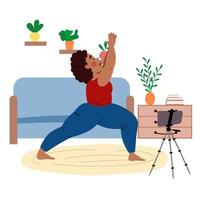 The girl takes online classes on the phone, does yoga. The concept of Stay at home. vector