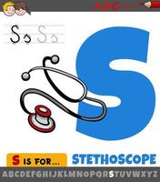 letter S worksheet with cartoon stethoscope medical device vector