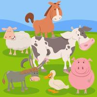 divertidos personajes de animales de granja de dibujos animados en el campo vector