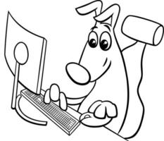 cartoon dog comic animal character with computer coloring page vector