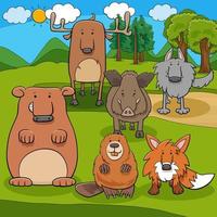 Ilustración de dibujos animados de grupo de personajes de animales mamíferos salvajes