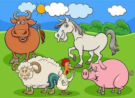 cartoon farm animals characters group in the meadow