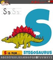 letter S worksheet with cartoon stegosaurus prehistoric animal character vector