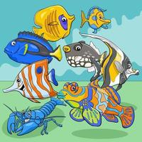 cartoon fish marine animal characters group vector